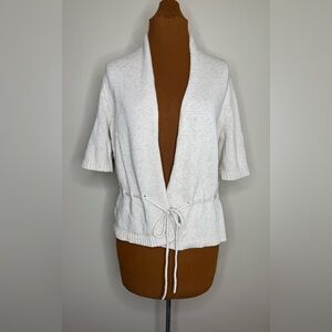 Talbots Cardigan Sweater Beige Open Front Drawstring Short Sleeve Size Medium